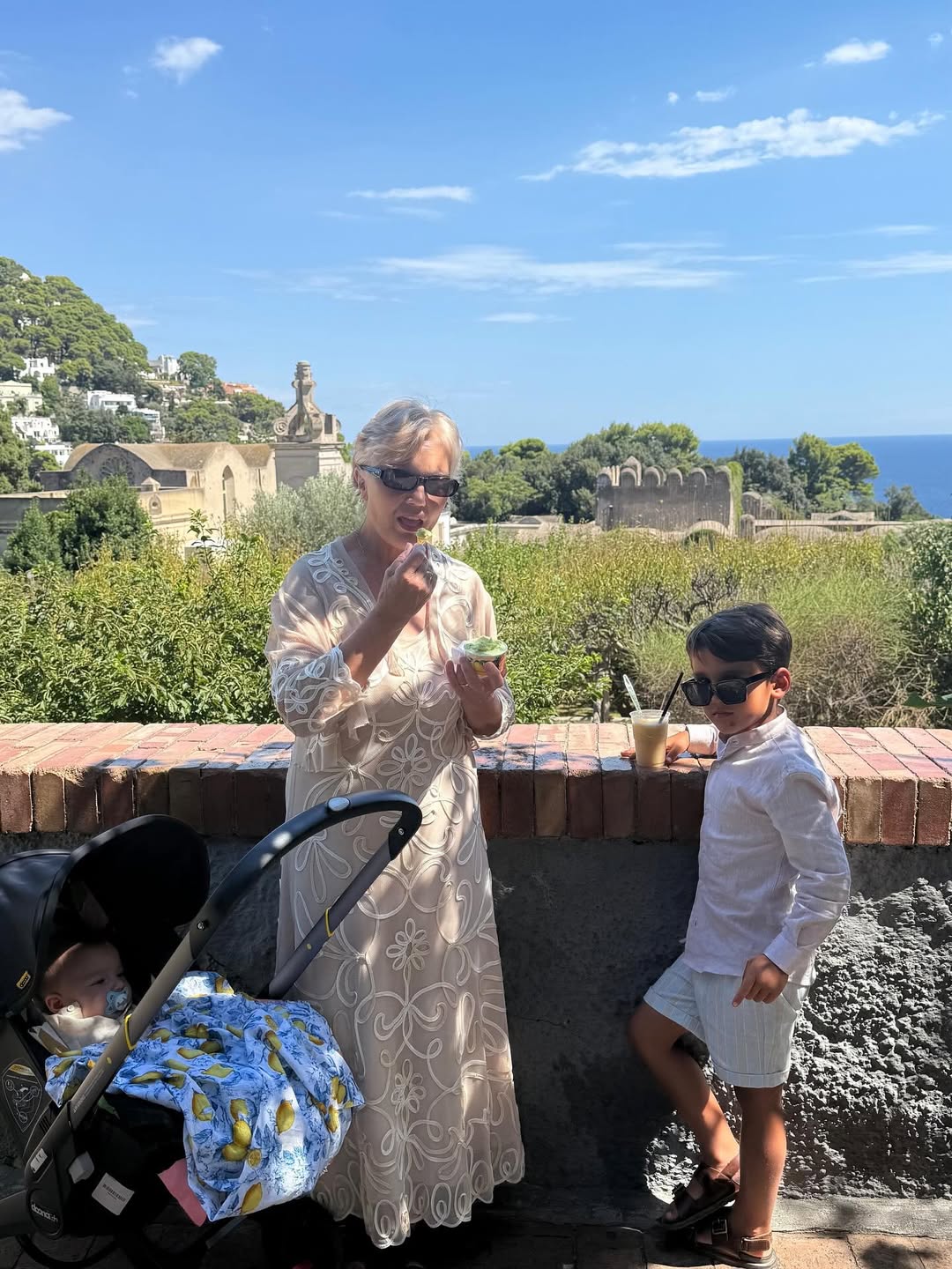 Family getaway: Ed Westwick enjoys a holiday on Capri with his wife and children