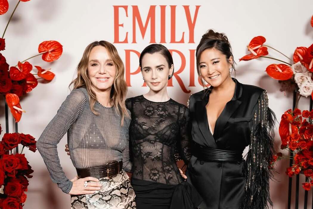 Lily Collins and other Emily in Paris stars at a cocktail reception in Venice