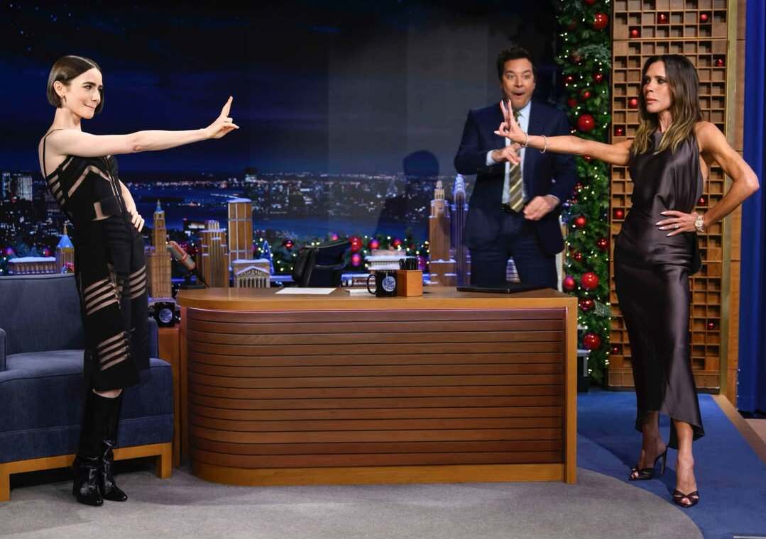 A touching reunion: Lily Collins and Victoria Beckham on The Tonight Show Starring Jimmy Fallon