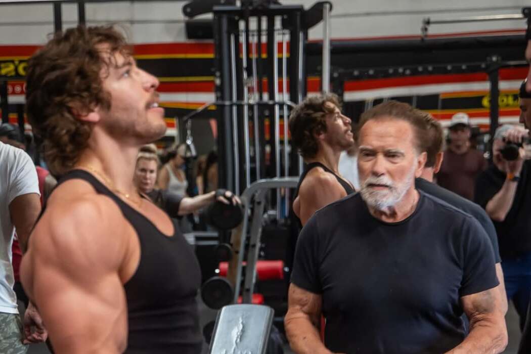Arnold Schwarzenegger prepares his son for a bodybuilding debut