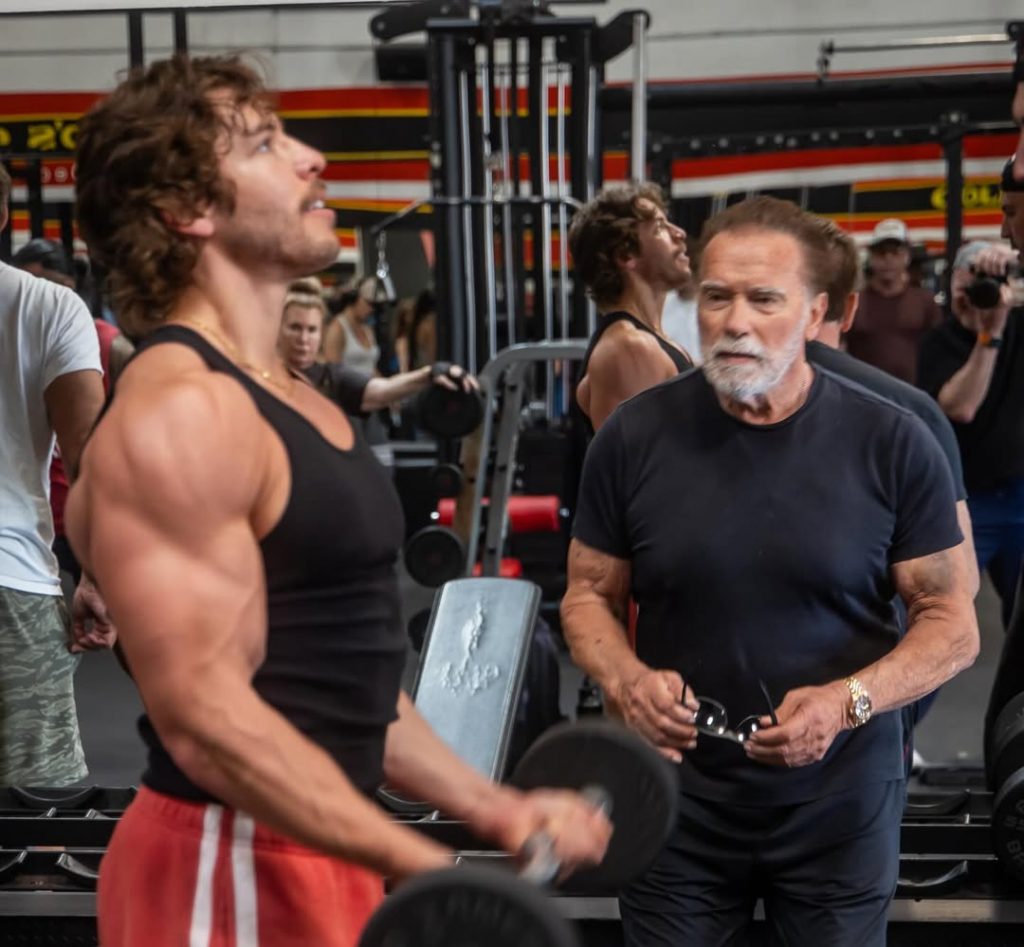 Arnold Schwarzenegger prepares his son for a bodybuilding debut